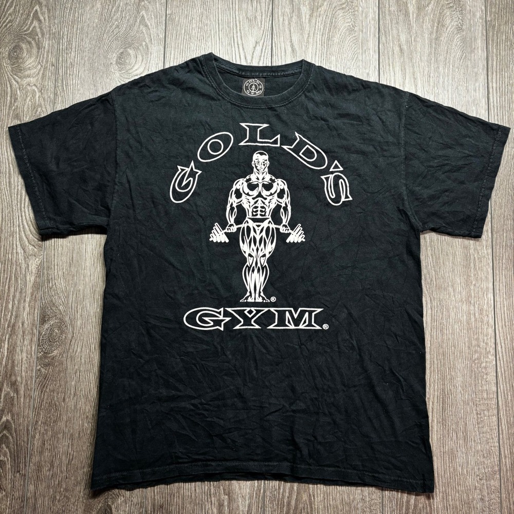 Vintage Golds Gym Mens Large Graphic Shirt Black Short Sleeve Bodybuilder Logo